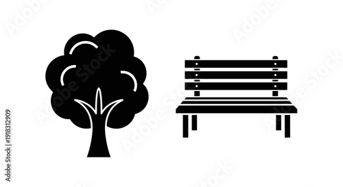 Tree and Bench Park Furniture Objects.