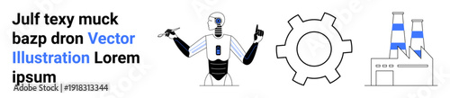 Robot holding screwdrivers, gear symbolizing mechanics, factory structure illustrating industrial automation. Ideal for innovation, technology, AI, robotics, automation, industry simple landing page