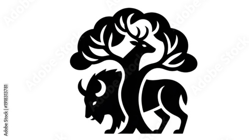 Black silhouette of bison and deer isolated on transparent background.