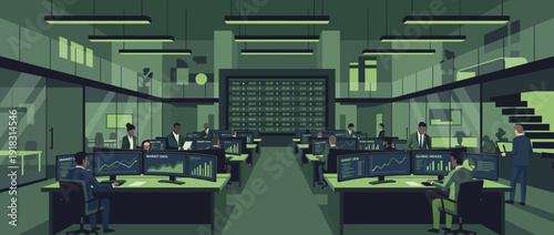 Flat vector illustration of a modern financial trading floor with professional traders at desks using multiple screens showing market data, stock charts, and global indices in a green office.