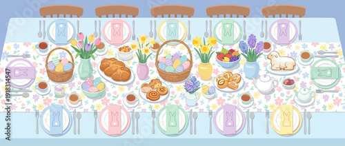 Flat vector illustration of a traditional Easter brunch table setting with decorated eggs, spring flowers, braided bread, hot cross buns, lamb cake, and pastel napkins on a floral table runner.