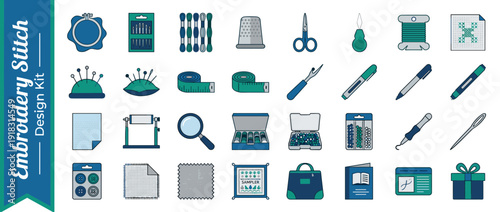 Vector Icon Set of 28 Embroidery and Cross Stitch Supplies in Flat Design. Includes Hoop, Needles, Thread, Scissors, Thimble, Pincushion, Measuring Tape, and Fabric in Blue and Teal Corporate Colors.
