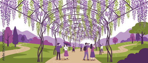 Flat vector illustration of a scenic wisteria tunnel walkway in full bloom with people taking photos. Beautiful purple hanging flowers on a trellis in a garden park with mountain background.