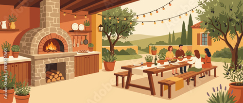 Flat Vector Illustration of a Traditional Wood-Fired Stone Pizza Oven and Outdoor Kitchen with People Dining at a Long Table Under String Lights in a Scenic Mediterranean Landscape Setting.