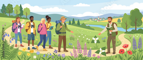 Flat vector illustration of a diverse group of hikers on a spring wildflower identification walk with a naturalist guide in a scenic landscape with rolling hills, a river, and blooming flowers.
