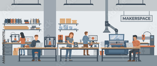 Flat vector illustration of a modern makerspace with people using 3D printers, laser cutters, and computers. Creative workshop for digital fabrication, prototyping, and engineering education.