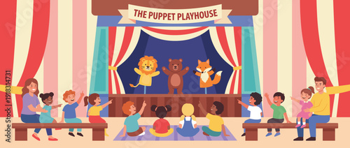 Flat vector illustration of a children's puppet theater show titled The Puppet Playhouse with a diverse group of kids watching a performance featuring lion, bear, and fox hand puppets on stage.