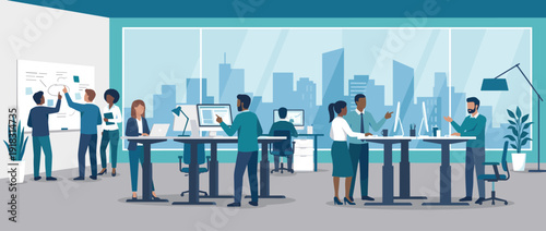 Modern open-plan office vector illustration featuring a diverse group of business professionals working together, using standing desks, computers, and a whiteboard with a city skyline view.