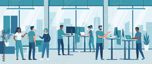 Modern open-plan office flat vector illustration featuring a diverse team of professionals collaborating at adjustable standing desks, working on laptops, and talking in a bright workspace.