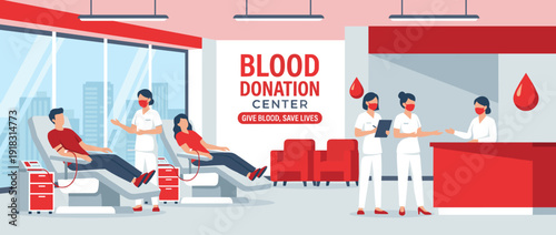Modern Blood Donation Center Illustration with Donors and Nurses in a Clean Medical Clinic. People Giving Blood to Save Lives. Healthcare, Charity, and Volunteer Concept in Flat Vector Design.