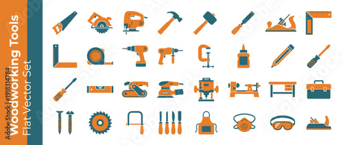 Woodworking and Carpentry Tools Icon Set. Flat Vector Illustration of 30 Professional Equipment Icons including Saws, Drills, Hammers, Sanders, and Safety Gear in Duotone Orange and Teal Palette.