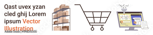 E-commerce, online shopping, payment systems, retail logistics, digital transactions, supply chain management. Warehouse shelves, shopping cart and online invoice payment. E-commerce and online
