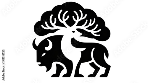 Black and white bison deer logo isolated on transparent background.
