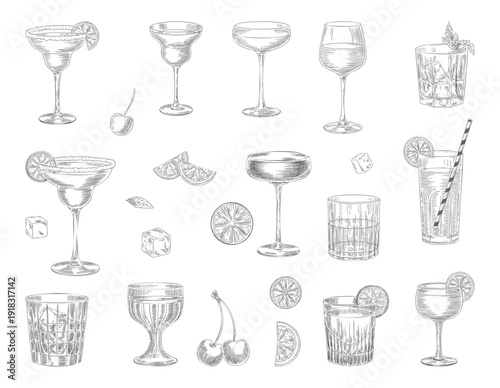 Vintage cocktail glasses with citrus and garnish in engraving detail. Hand drawn alcohol drinks set in retro ink line art.