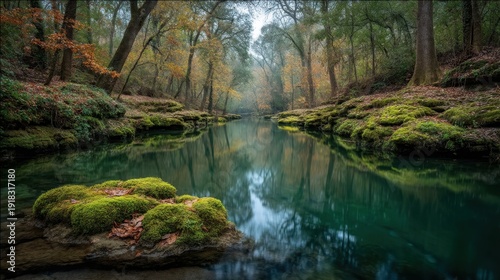 Serene Autumn Landscape of a Calm River Surrounded by Lush Greenery and Rocky Outcrops in a Tranquil Forest Setting