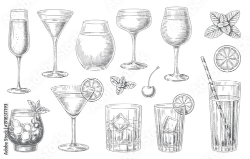 Vintage cocktail glasses with citrus and garnish in engraving detail. Hand drawn alcohol drinks set in retro ink line art.