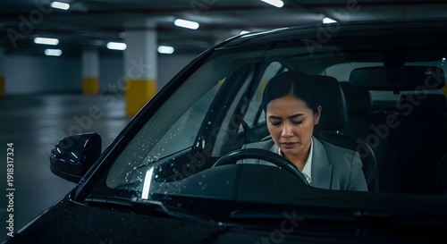 Worried woman driving a car at night in a dimly lit parking garage, feeling anxious about something on her phone