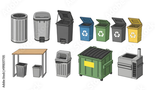 Collection of Various Waste Bins and Dumpsters.
