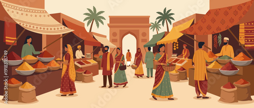 Vibrant Flat Vector Illustration of a Traditional Indian Spice Market with Colorful Powder Displays, People in Ethnic Attire, Bustling Stalls, and an Iconic Architectural Archway Background.