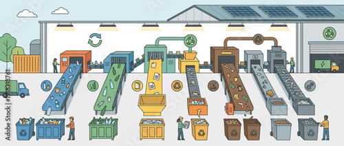 Modern circular economy recycling facility illustration showing automated sorting lines for plastic, glass, paper, organic waste, and metal with workers, solar panels, and electric trucks.