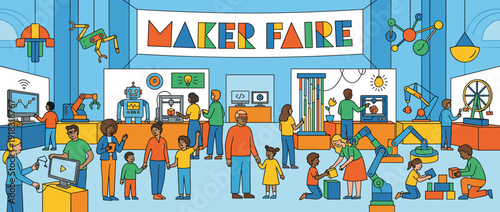 Vibrant flat vector illustration of a Maker Faire with diverse families exploring technology, robotics, 3D printing, and creative inventions at an interactive science and engineering event.