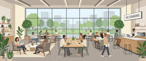 Flat vector illustration of a modern coworking cafe with diverse people working on laptops at tables and lounge chairs near large windows overlooking a green city park and urban skyline view.