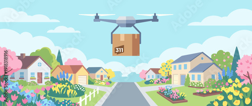 Modern flat vector illustration of an autonomous delivery drone carrying a cardboard parcel over a colorful suburban neighborhood with houses, lush gardens, and blooming flowers in the spring.