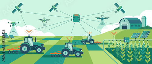 Modern Precision Agriculture Scene with GPS Guided Tractors, Drones, Satellites, and Central Data Hub for Smart Farming, Automated Irrigation, Sustainable AgTech, and Data Driven Crop Management