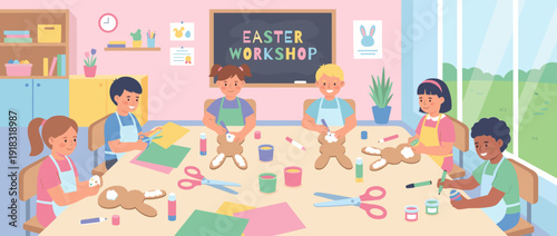 Flat Vector Illustration of Diverse Children in a Classroom Participating in a Creative Easter Bunny Craft Workshop, Using Scissors, Glue, and Paint to Decorate Holiday Bunnies and Eggs Together.