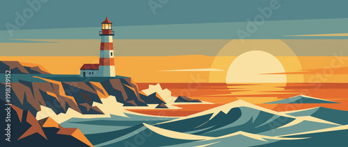Flat vector illustration of a scenic lighthouse on rocky cliffs at sunset with crashing waves and a large sun over the ocean horizon, minimalist coastal landscape banner for travel and nature.