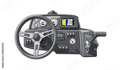 Boat Control Panel with Steering Wheel.