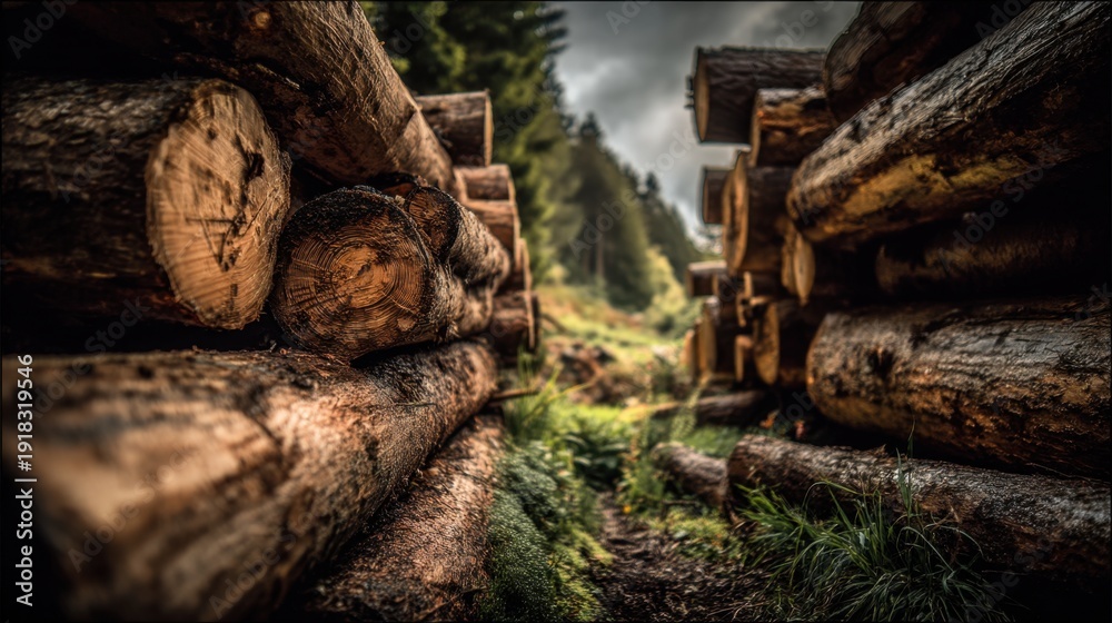 Fototapeta premium Serene Forest Scene with Stacked Logs, Overcast Sky and Lush Greenery, Represents Nature's Beauty and Timber Industry in a Tranquil Setting