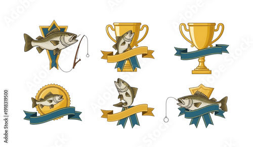 Fish Trophy Illustrations with Ribbons and Badges.