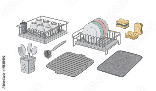 Kitchen Utensils and Dish Rack Illustration.
