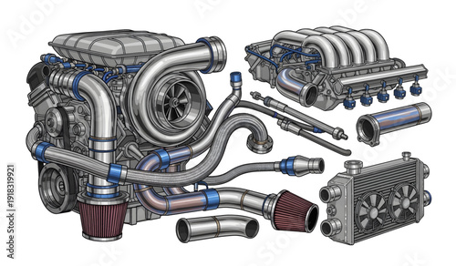 Car Engine Parts and Accessories Display.