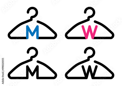 Wardrobe hanger icon with M and W markers. Linear vector symbol for men and women sections in shopping centers and boutiques.