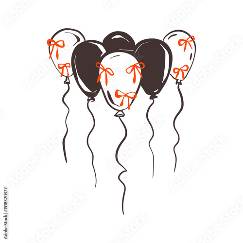 Pencil drawing flying balloons with coquettish bows. Hand drawn whimsical vector illustration in sketch style. Birthday, anniversary, bachelorette party celebration design element. Birhtday surprise