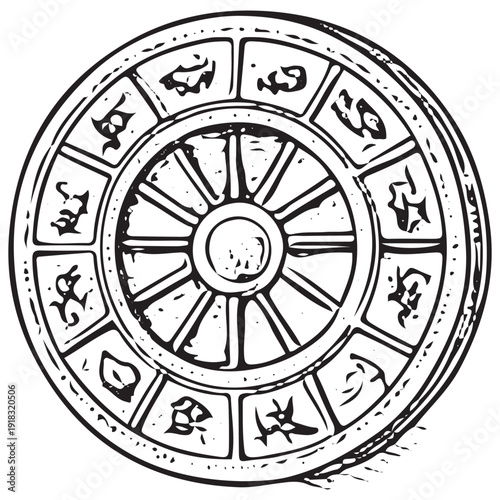 Zodiac Wheel Astrology Chart Vintage Horoscope Symbols Celestial Circle Illustration