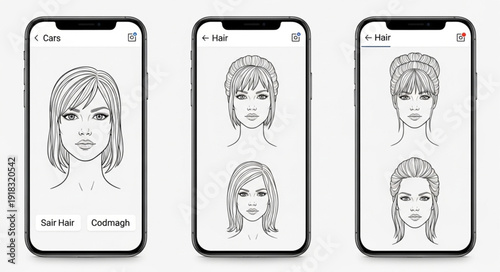 Three smartphones displaying digital makeup application interfaces.
