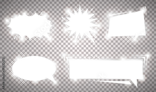 Pack of detailed empty silver shinig comic speech bubbles. Vintage art style graphic elements. Light effects. Vector illustration