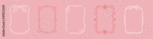 Hand drawn doodle feminine coquette pink vintage lace rectangle frames with cute ribbon bow. Victorian, baroque, rococo antique style filigree frill embroidery line art crayon sketch minimalist border
