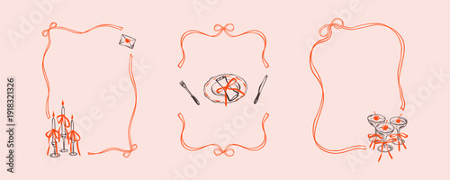 Set of restaurant menu coquette bow ribbon hand drawn vintage frames. Design element cafe, brunch, wedding posters, invitations, cards backgrounds. French, Italian, Parisian style whimsical menu