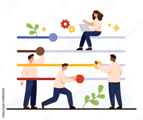 People collaborating to adjust settings sliders representing teamwork, customization, and workflow optimization for business, project management, or technology solutions isolated on white background