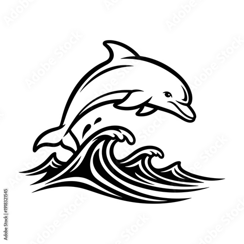 Dynamic dolphin leaping over ocean waves in a striking black and white illustration.
