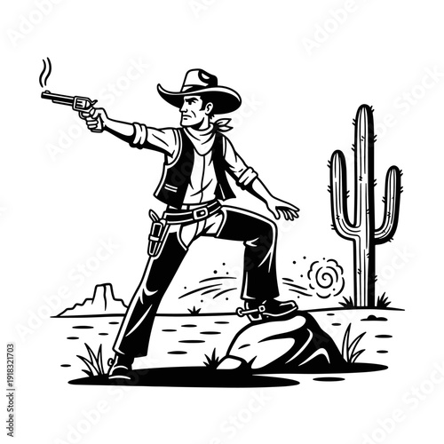 Cowboy firing a pistol in the desert.