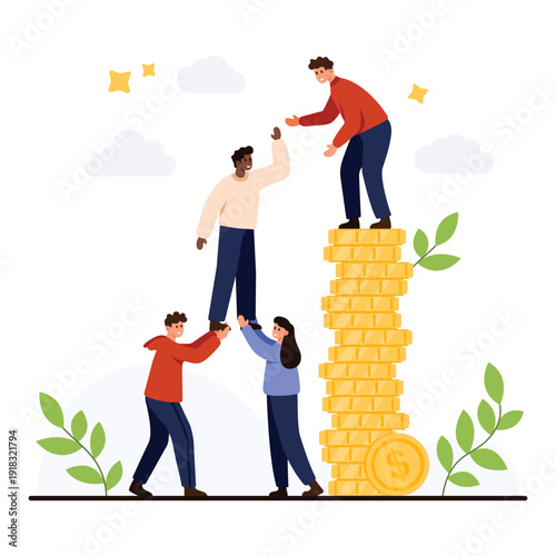 Business people cooperating to reach financial goals, teamwork and support helping each other climb a stack of gold coins, leadership and growth isolated on white background vector illustration