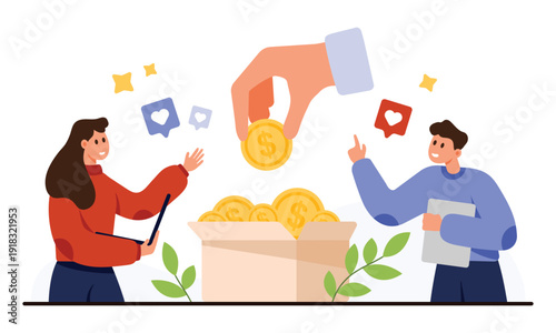 People volunteering and donating money for charity fundraising community support teamwork and social good concept isolated on white background vector illustration