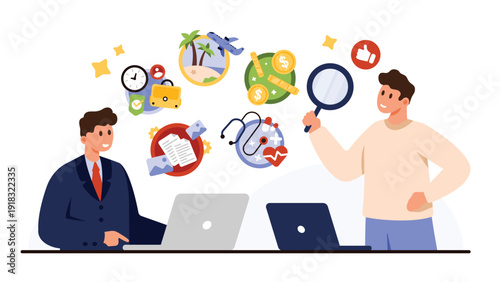 Business people discussing employee bonus benefits including vacation, health, money, and rewards for workplace motivation and satisfaction isolated on white background vector illustration