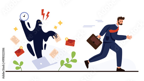 Businessman escaping overwhelming workload chased by monster symbolizing deadlines, emails, and stress perfect for concepts of burnout, procrastination, and workplace anxiety isolated on white