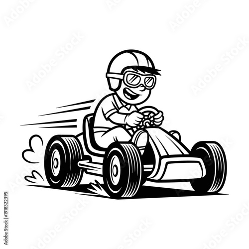 Cartoon Boy Driving Fast Go Kart with Speed Lines.